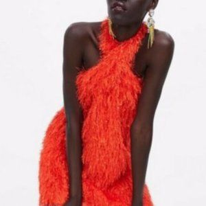 NWT ZARA orange fringe halter mini dress, Sz M